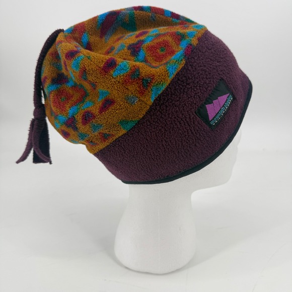 Vintage 90's Mountain Shades Vail Colorado Fleece Beanie Geometric Ski Hat - Picture 5 of 7